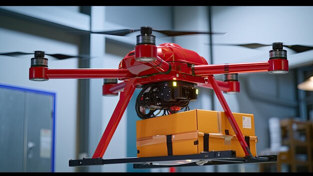 Un dron llevando una caja en una habitación