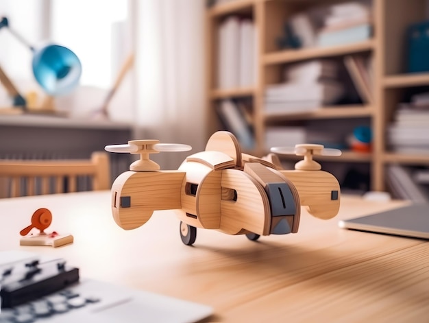 Dron de madera artesanal en habitación infantil