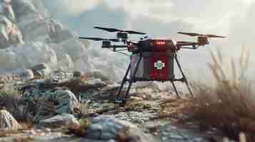 Foto el dron médico rojo y negro es un vehículo aéreo no tripulado compacto y ligero diseñado para entregar suministros médicos a un lugar remoto e inaccesible.