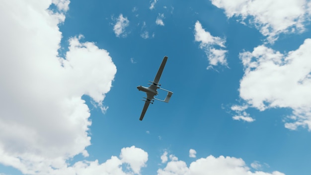 Dron militar con misiles en el cielo, vehículo aéreo de combate no tripulado, render 3d