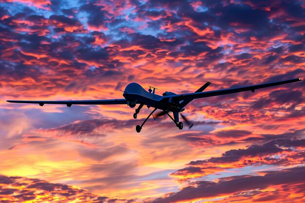 Un dron militar vuela a través de una hermosa puesta de sol