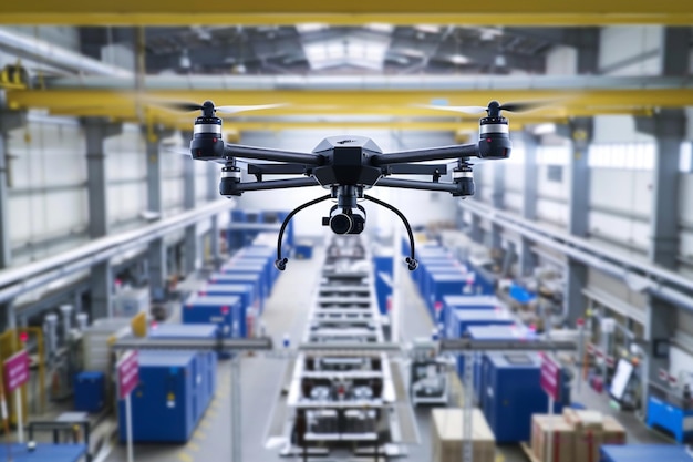 un dron se muestra en una fábrica con otras cajas