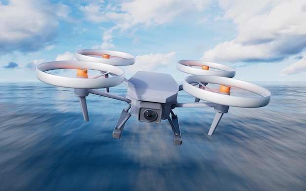 Un dron realista volando sobre el mar en 3D