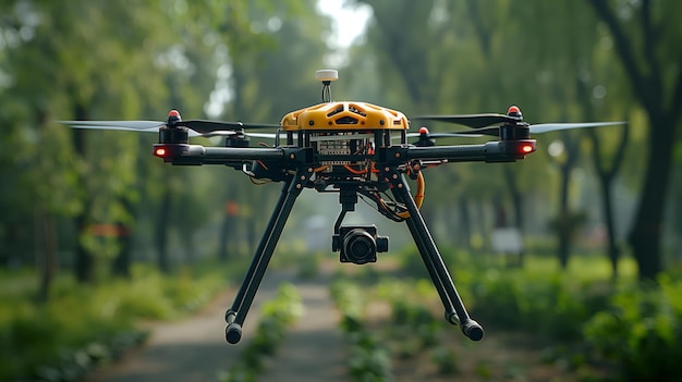 Un dron recreativo equipado con una cámara vuela sobre un bosque