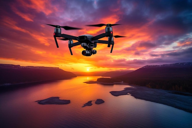 Un dron sobrevuela un lago con montañas al fondo.