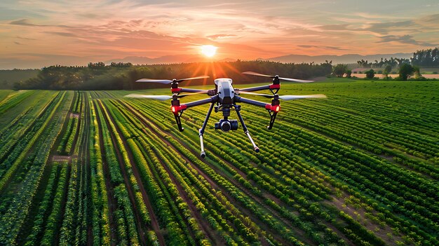Un dron volando sobre campos verdes exuberantes durante la puesta del sol Concepto de tecnología agrícola