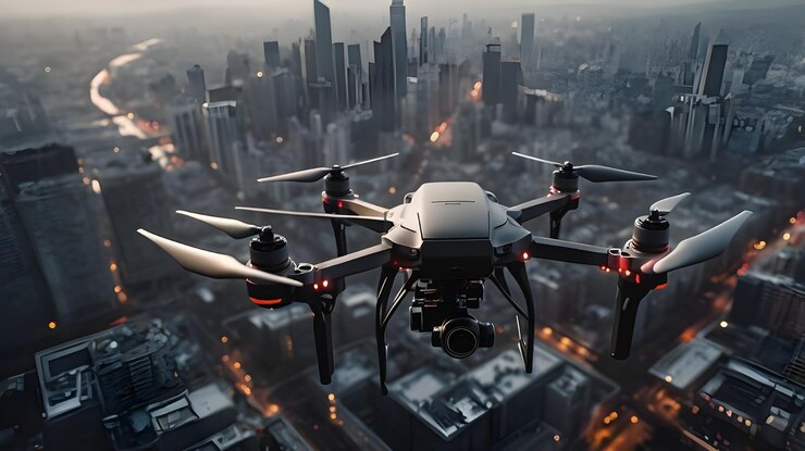 dron volando sobre una ciudad con la ciudad en el fondo