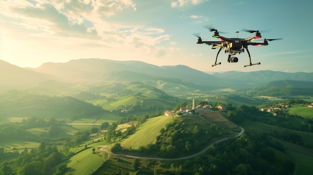 Foto un dron volando sobre un paisaje pintoresco equipado con cámaras avanzadas para la topografía