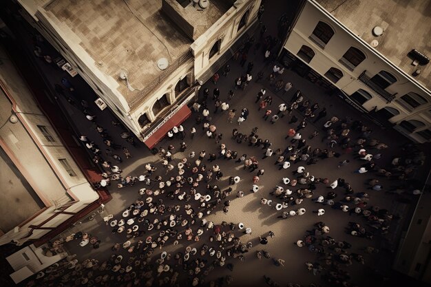 El dron vuela alto y captura una vista de pájaro de la multitud reunida debajo.