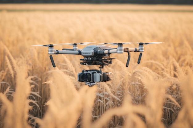 Un dron vuela en un campo de trigo.