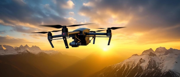 un dron vuela en el cielo con montañas en el fondo