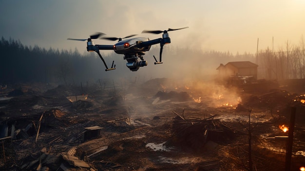 un dron vuela sobre un bosque con un bosque en el fondo