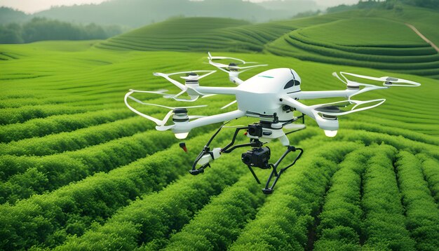 Foto un dron vuela sobre un campo de arroz con un bosque en el fondo