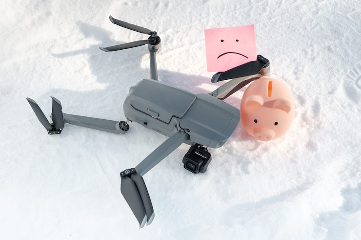 Foto drone tras accidente, nota adhesiva con sonrisa triste y alcancía en la nieve