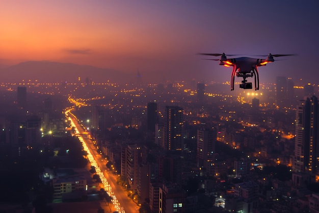 Drone acima da cidade na noite de verão