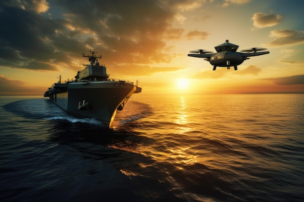 Drone acuático cerca de un gran barco militar