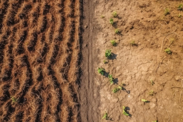 Drone aéreo atirou em solo seco e rachado em campos agrícolas plantas mortas onda de calor