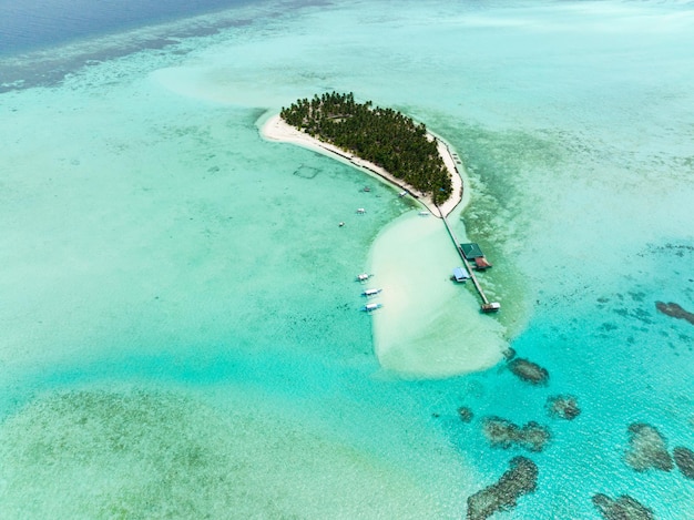 Drone aéreo de isla tropical con palmeras y playa de arena Onok Island Balabac Filipinas