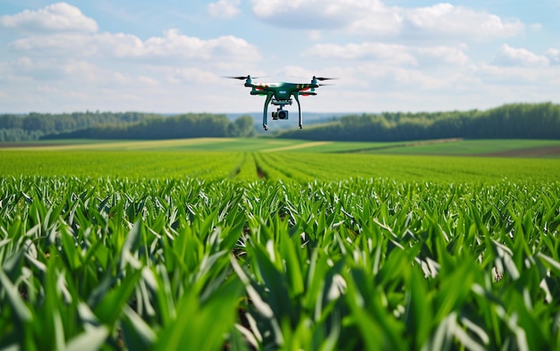 Drone agrícola verde inspeccionando un campo exuberante durante un día soleado de verano.