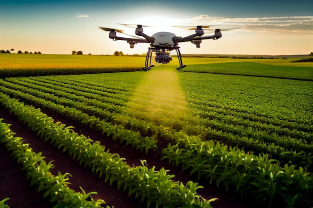 Foto drone agrícola voa para fertilizante pulverizado na fazenda de jardim de campos