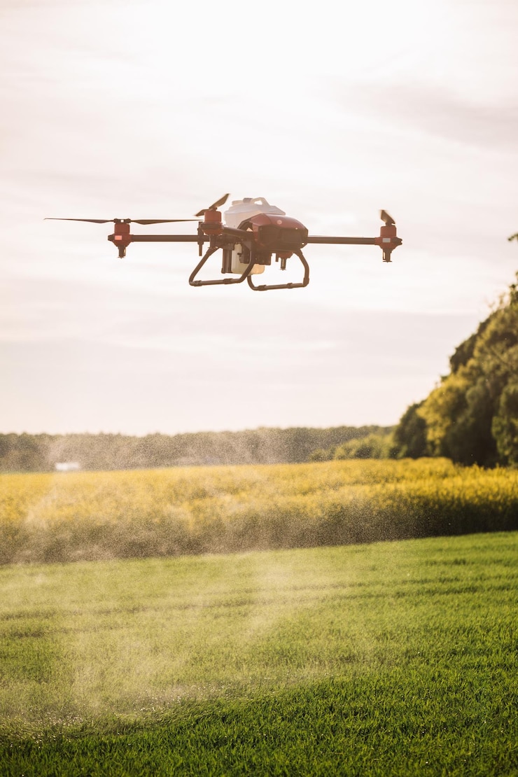 Foto drone agrícola voa para fertilizante pulverizado nos campos de chá verde conceito de fazenda inteligente 40