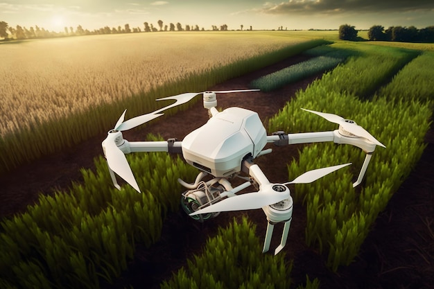 Drone agrícola voa para fertilizante pulverizado nos campos de milho doce arte gerada pela rede neural