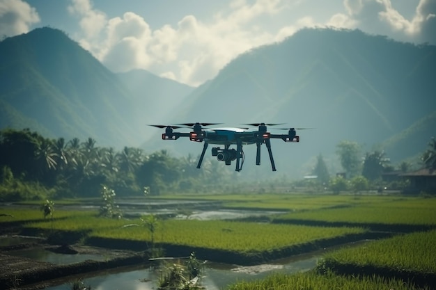 Drone agrícola voando sobre campos de arroz exuberantes para pulverizar fertilizante para o crescimento e manutenção das culturas