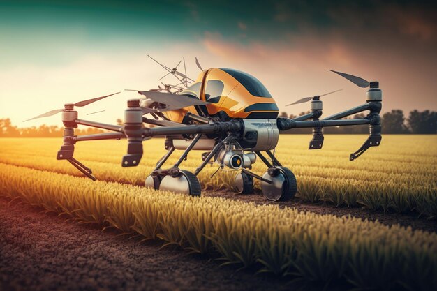 Drone agrônomo em campo de cultivo para pulverizar produtos químicos líquidos em plantas