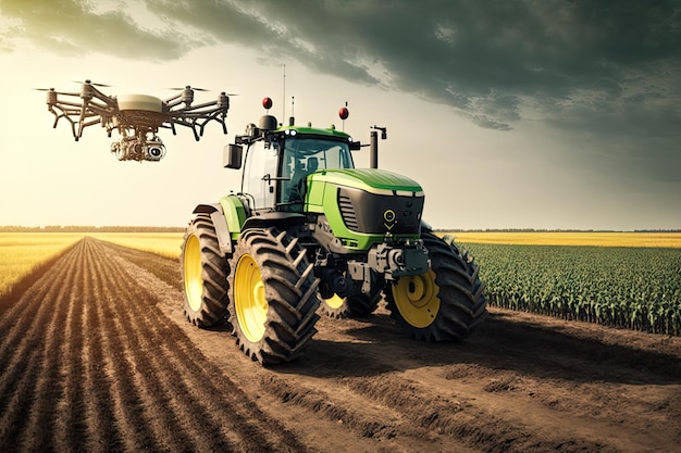 Drone agrónomo sobre campo con equipo agrícola y tractor