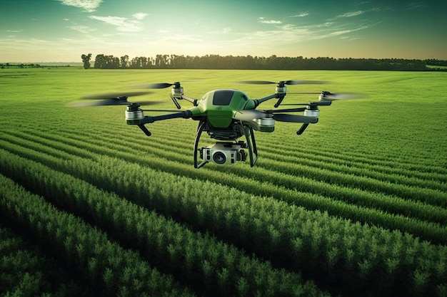 Drone agrônomo voando sobre um grande campo verde com ervas