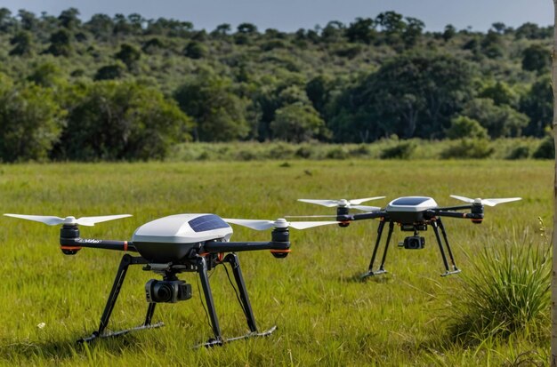 Drone alimentado por el sol en un campo