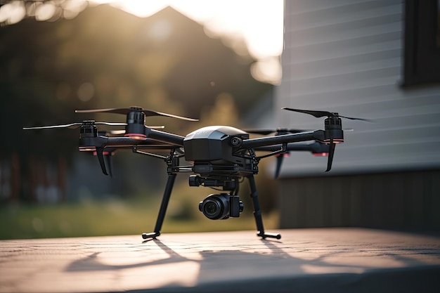 Drone autônomo entregando pacote para a varanda da frente dos clientes criada com IA generativa