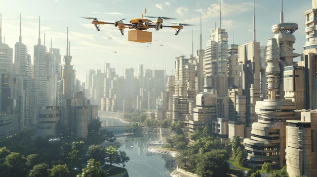 Drone autônomo entregando um pacote em uma paisagem urbana contemporânea