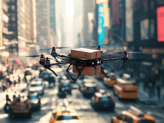 Drone autopiloto evitando obstáculos mientras entrega paquetes en un área concurrida