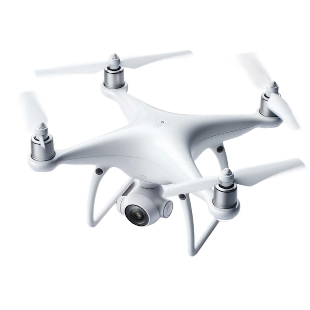 un drone blanco con una cámara en blanco y negro en la parte inferior