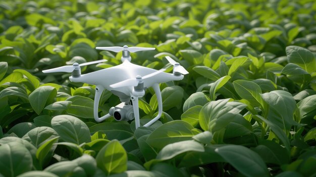 Drone branco pairando acima de uma plantação de soja verde exuberante