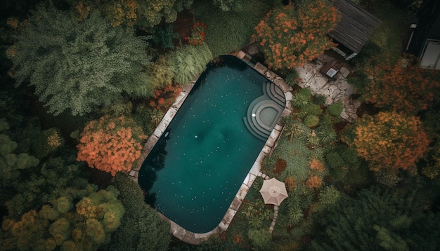 Drone captura paisagem deslumbrante de outono da antiga fazenda e lagoa gerada por IA