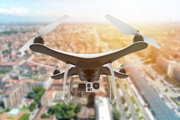 Foto drone com câmera digital sobrevoando uma cidade