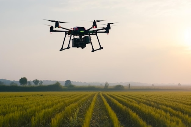 Drone com câmera digital voando no campo de arroz ao pôr do sol Generative AI