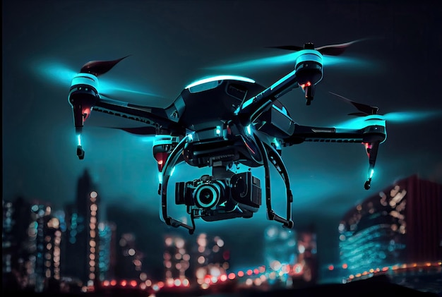 Drone com câmera na noite da cidade Quadcopter com câmera de tecnologia digital de alta resolução no céu