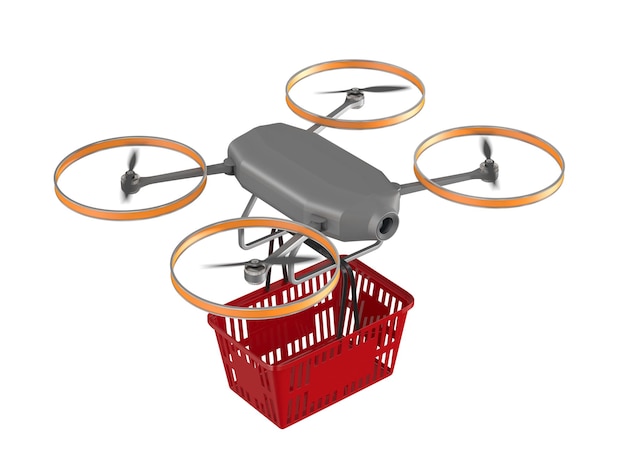 Drone com cesta de compras no fundo branco ilustração 3d isolada