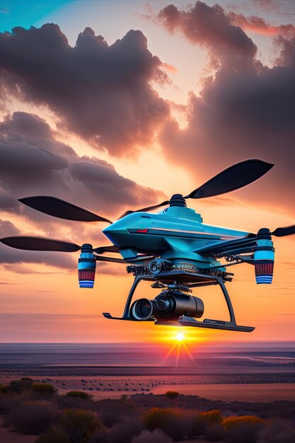 Drone com uma câmara profissional contra o céu