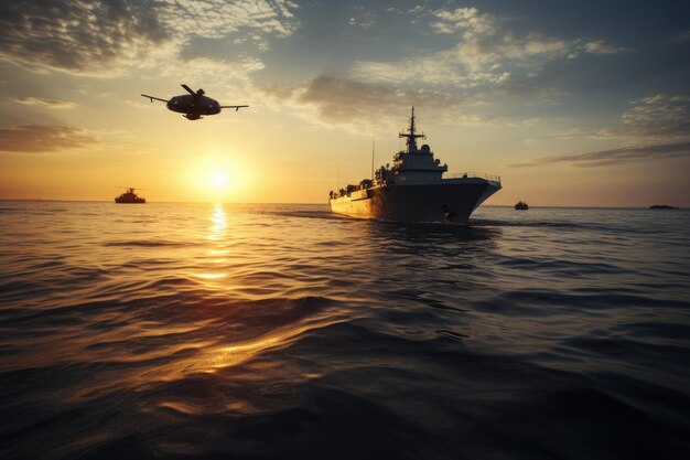 Drone de água perto de um grande navio militar