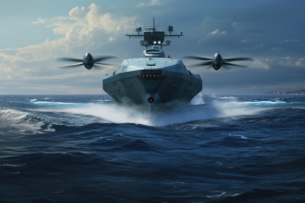 Foto drone de água perto de um grande navio militar