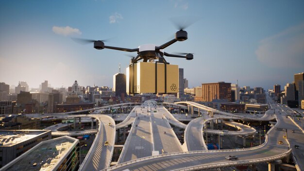 Drone de carga autônomo voando na renderização 3d da cidade grande