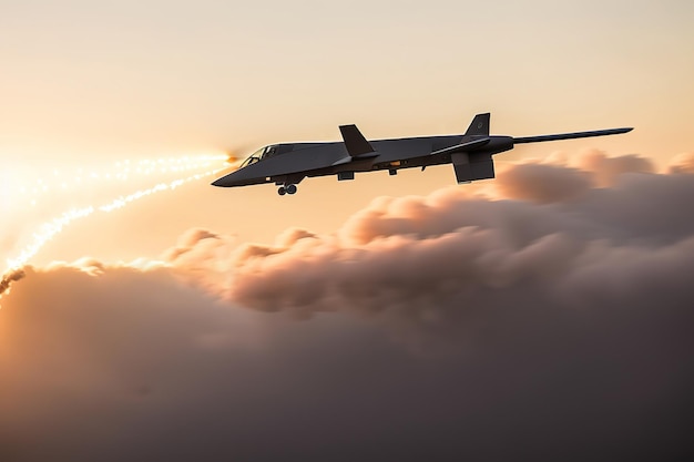 Drone de combate no céu em uma missão um veículo aéreo não tripulado lança mísseis contra um alvo