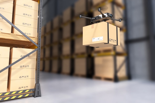 Drone de entrega no armazém. Ilustração 3D