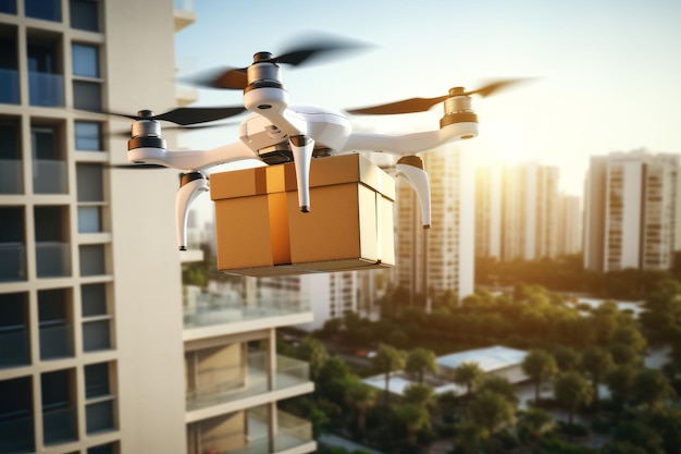 Drone de entrega Tecnologia moderna e informações sobre compras on-line e transporte de caixas usando gadgets