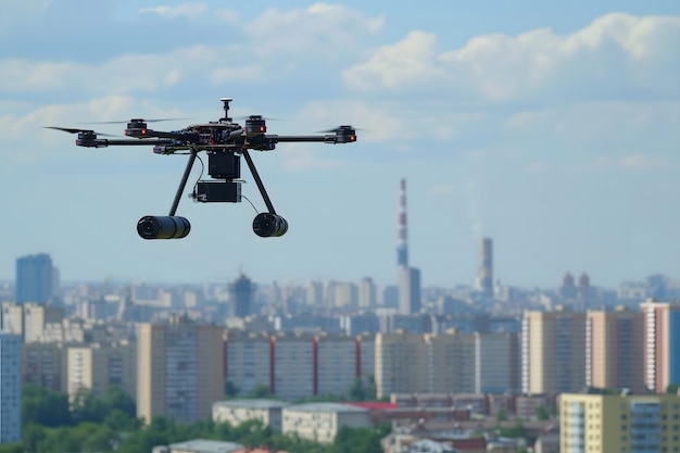 Foto drone de helicóptero carregando uma bomba acima da cidade em um dia de verão