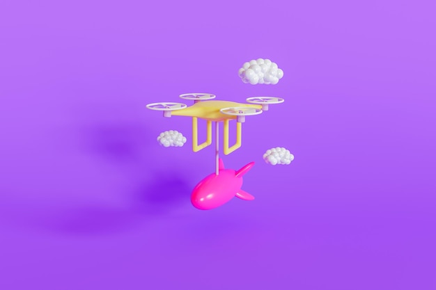 Drone de ilustração 3D com lançador de mísseis em fundo roxo